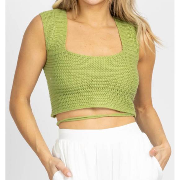 NEW POLAGRAM knit cross-tie back crop top in pistachio green - Picture 2 of 7